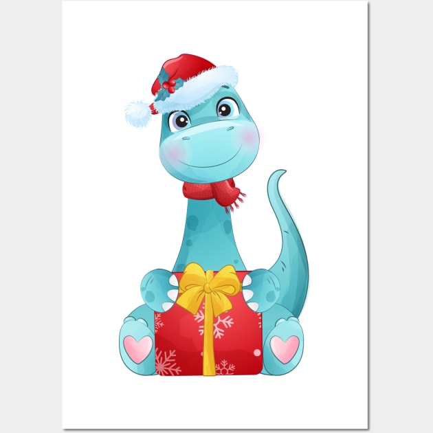 Cute Blue Diplodocus Christmas Dinosaur With Santa Hat Wall Art by P-ashion Tee